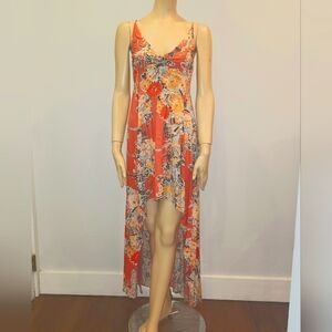 Free People Intimately Free Coral floral HIgh Low asymmetrical Maxi dress sz M